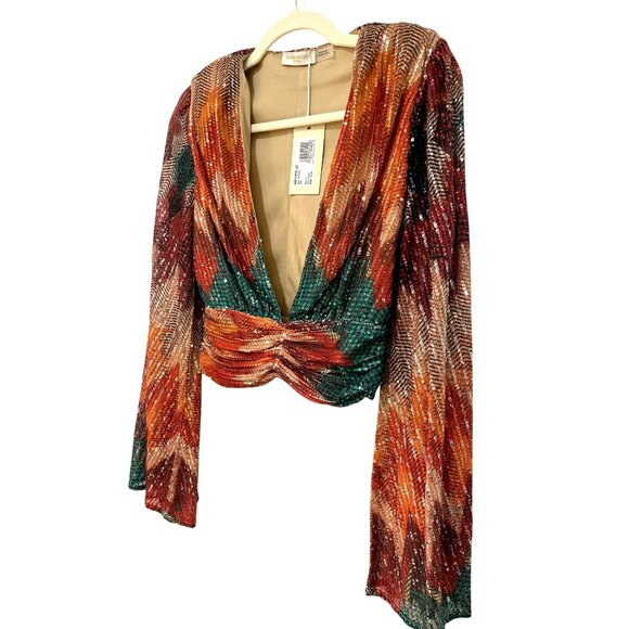 New Ramy Brook Erin Sequined Multicolor Long Sleeve Cropped Top Size 4 - Picture 5 of 10